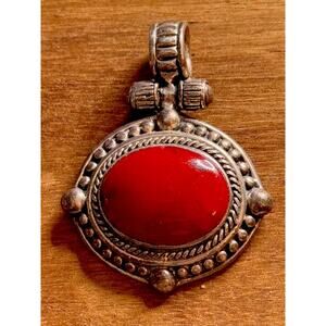 Vintage ATI Mexico 925 Sterling Silver Red Cabochon Pendant 16g Bold Artisan
